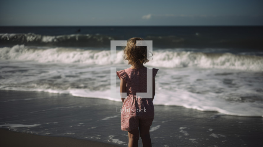AI Generated Image. Rear back view on a little girl standing next to the ocean