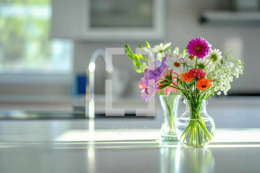 AI Generated Image. Glass transparent vases with colorful flowers on a kitchen table