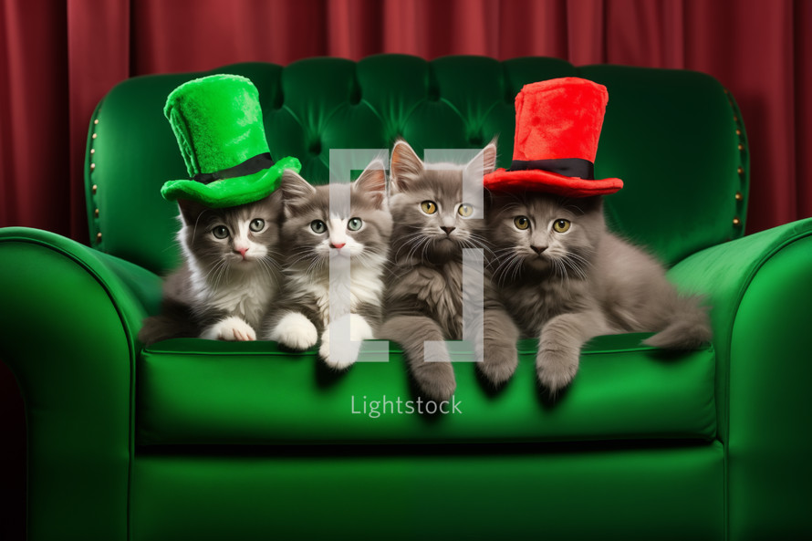 AI Generated Image. Cute St Patrick's day cats with green hats on arm chair