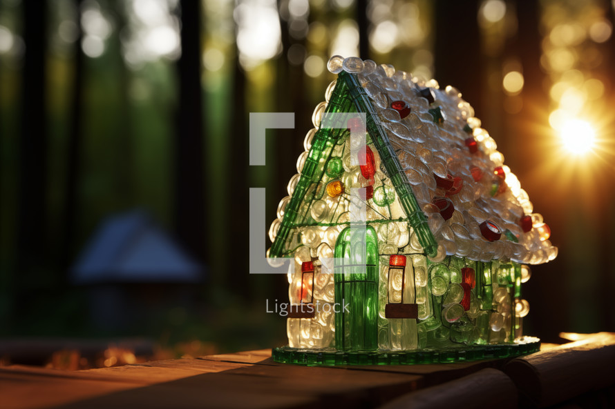 AI Image. A miniature cabin house, constructed entirely from used plastic bottles in a forest. The sunset in the background. Upcycling concept