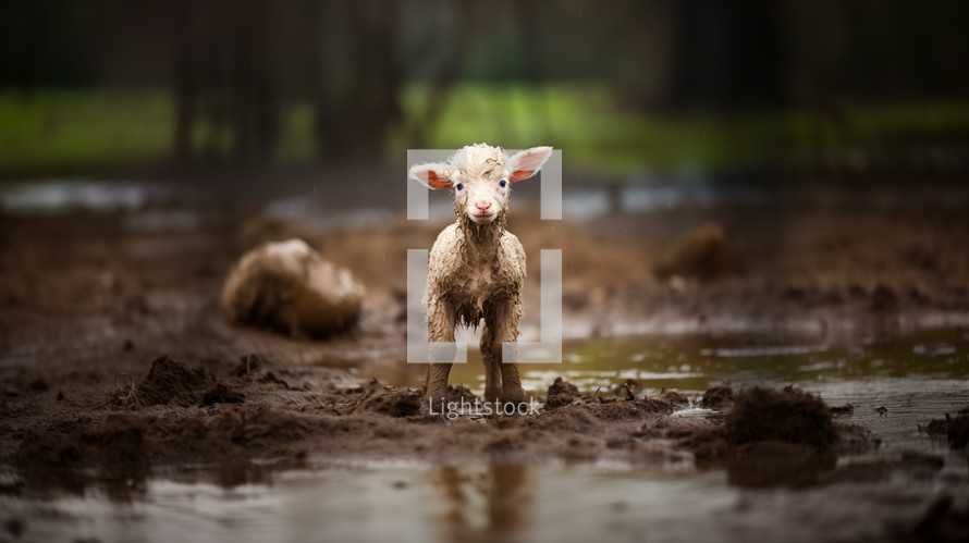 Small Lamb of God in a Muddy Puddle Lost Sheep, cold and dirty sad and lonely