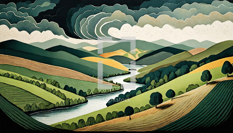 A storm rolling in over a valley illustration
