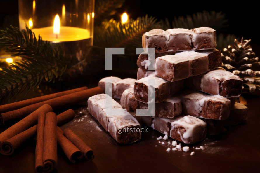 AI Generated Image. Christmas Chocolate dominoes with powdered sugar cinnamon sticks