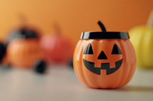 AI Image. Halloween smiling pumpkin candy container on a table