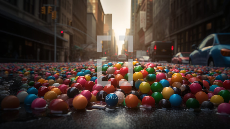 AI Generated Image. Many colorful ball candies fallen down to the city street
