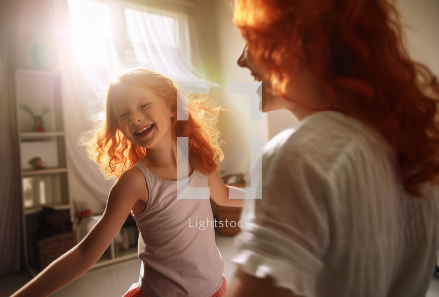 AI generative images. Happy adorable redhead girl dancing with mother at home