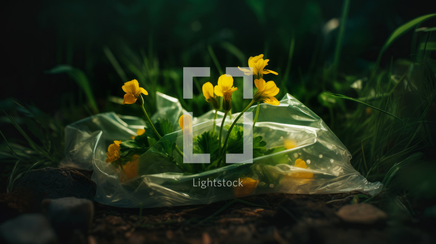 AI Generated Image. Yellow buttercups flowers in a plastic polyethylene bag in a forest
