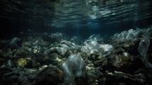 AI generated image. Sea contaminated with plastic waste. Underwater view