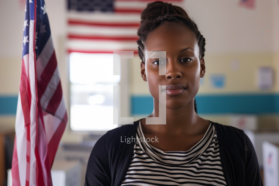AI Image. Confident young African American woman in a voting room with USA flag