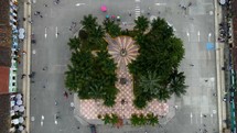 Aerial shot drone camera face down flying close over main square and church