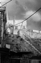 Buildings and staircase in Israel - Black and white