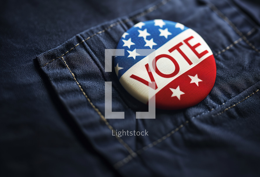 AI Generated Image. Vote button on a denim. USA Election concept