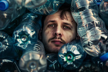 AI Image. Man submerged and surrounded by plastic bottles