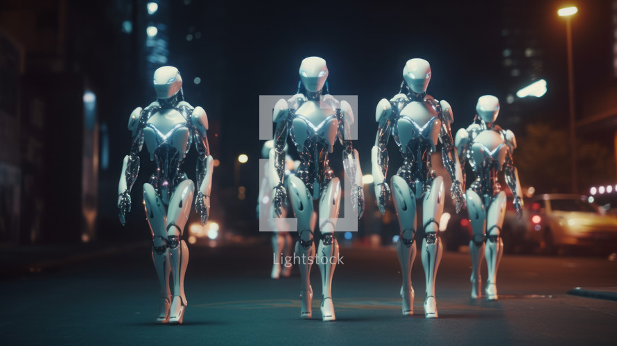 AI Generated Image. Group of the alien female robots walking on a city street