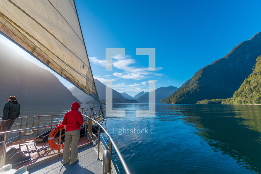 yacht, boat, bow, taking pictures, ocean, water, island 