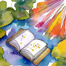 Watercolor painting of a blank book with rays of colorful light