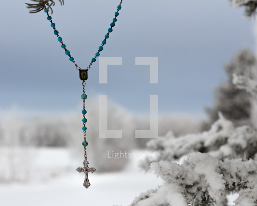 turquoise rosary beads hanging in a tree in winter 