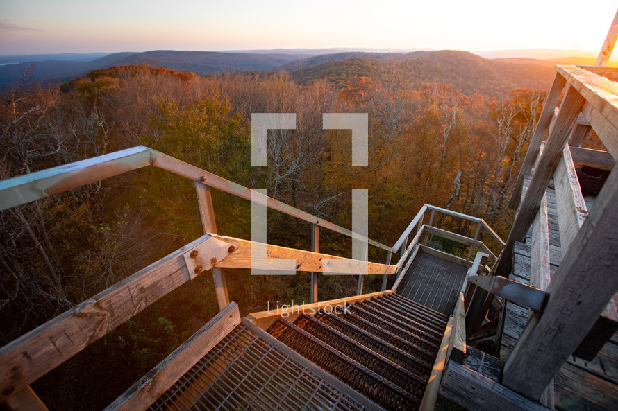 View from wood and metal watch tower staircase looking down on Bickle Knob, West Virginia in autumn