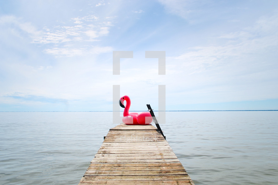 flamingo float on a dock 