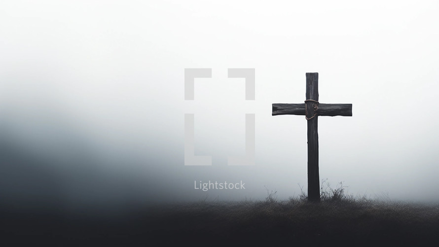 Wooden cross in the mist and fog