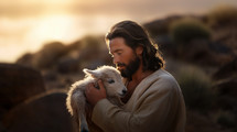 Jesus the shepherd and a newborn lamb at the brink of dawn. 
