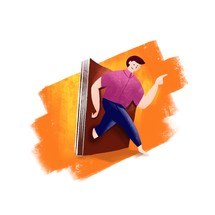 person walking out of a book 