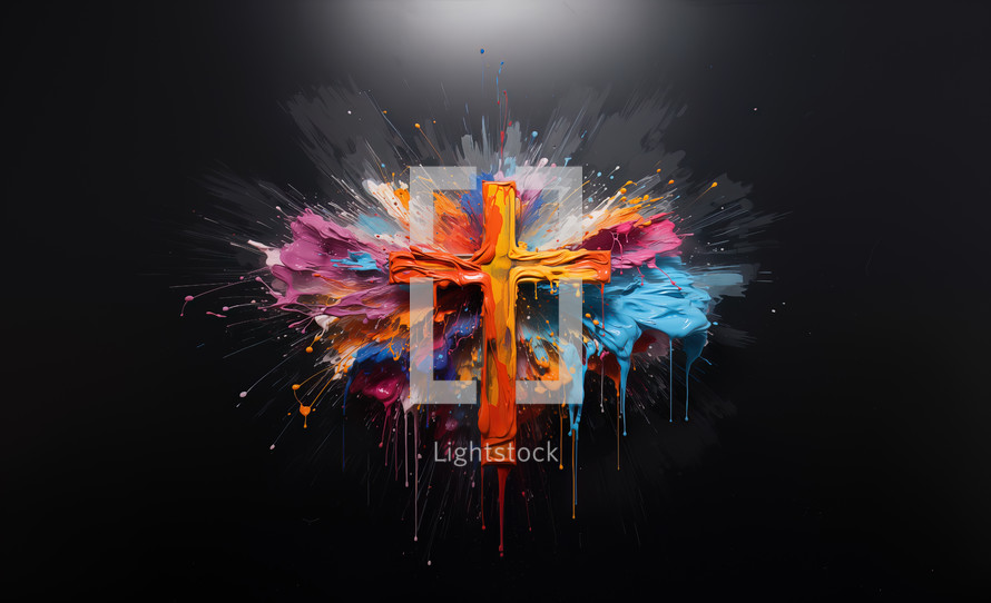 An explosion of creativity and colors behind the cross. A New beginning of new ideas. 