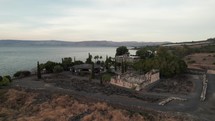 Capernaum Synagogue Ruins Drone Aerial view