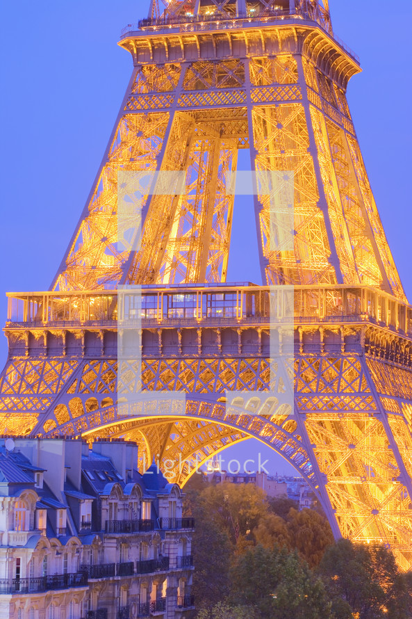Elevated view of the Eiffel Tower at dusk, Paris. France.- for editorial use only.