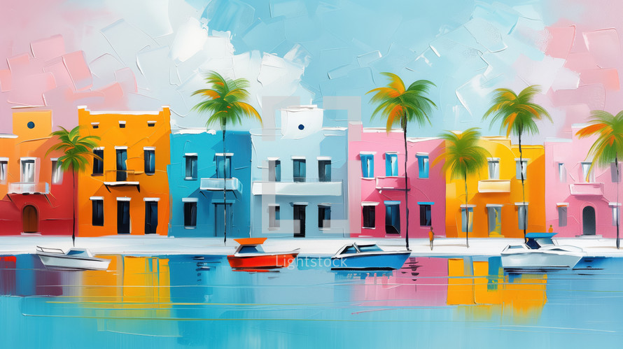 Colorful impressionist painting of a vibrant coastal town with palm trees, boats, and brightly painted buildings.