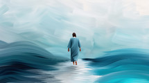 Impressionist illustration of Jesus walking on water, depicted in flowing blue and white hues.