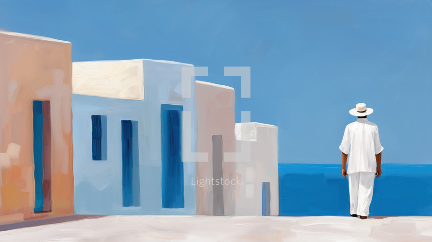 Impressionist painting of Moroccan buildings in soft pastel shades with a person in white walking towards the sea. Features blue doors and windows, and a clear blue sky.