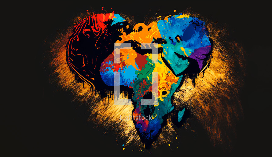 Abstract painting concept. Colorful art of the Africa in form of a heart shape. African culture. 