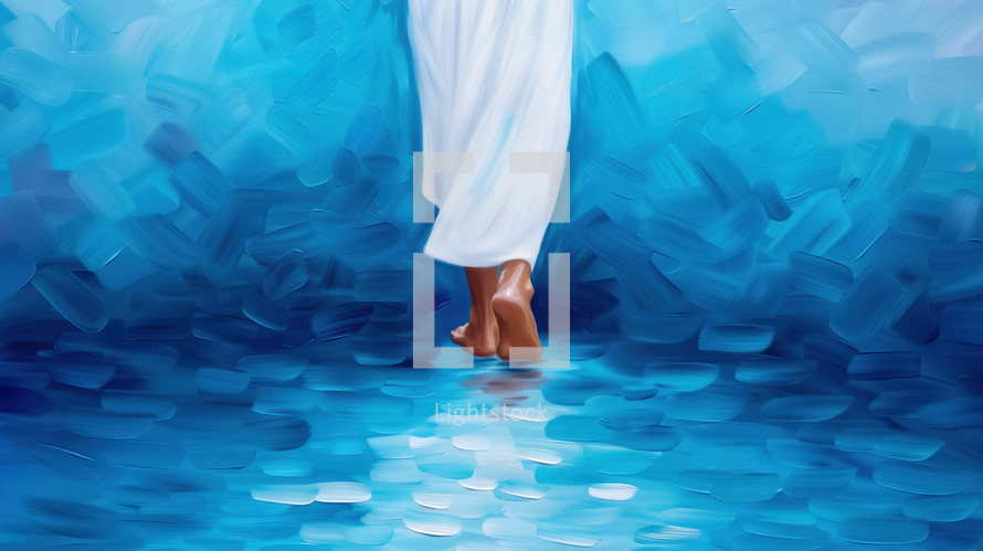 Impressionist illustration of Jesus walking on water, depicted from the waist down with bare feet on a rippling blue surface.