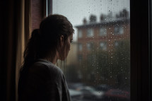 A young woman seen from behind, looking out a window into the rain