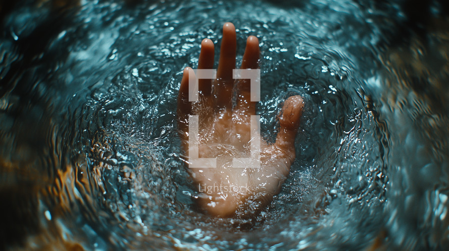 A hand reaching out from the water awaiting rescue