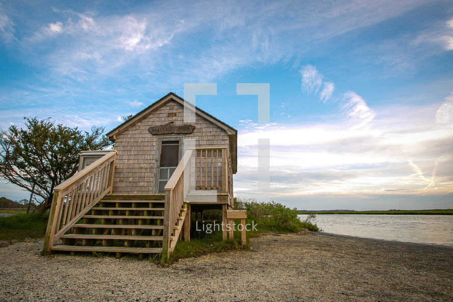Small wooden naturalist shack on the shore of Assateague Island, Maryland
