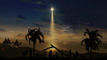 Christmas Scene with twinkling stars and brighter star of Bethlehem with nativity characters animated animals and trees. Seamless Loop of Nativity Christmas story under starry sky and moving wispy clouds. 4k
