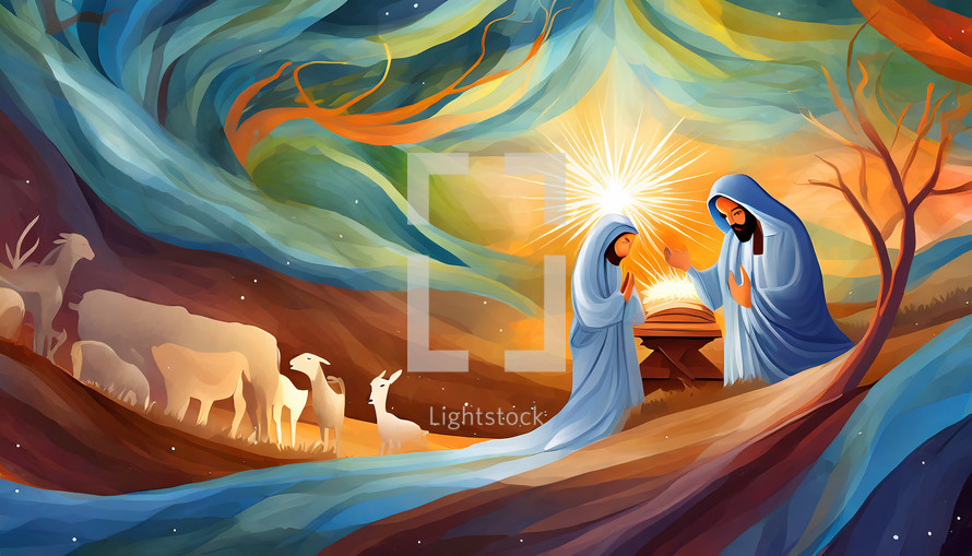 Organic Shapes Illustration of Joseph and Mary at  Jesus Birth