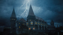 Old castle in Transylvania in a storm with lightnings
