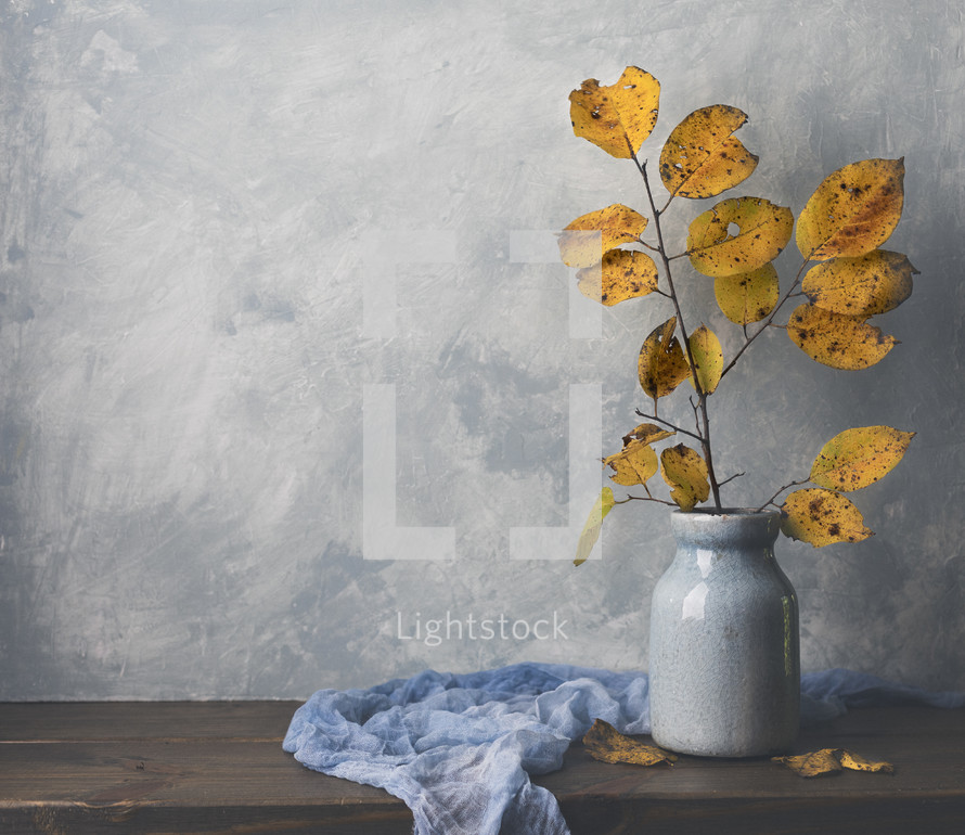 golden fall leaves in a vase and gray scarf on a gray background 