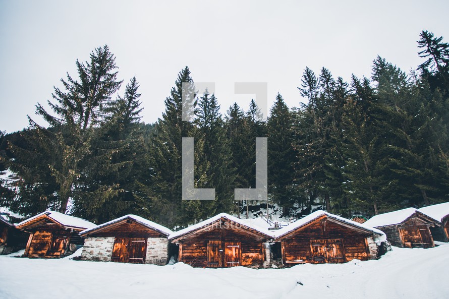 Multiple small wooden cabins in the snow in the trees in Switzerland