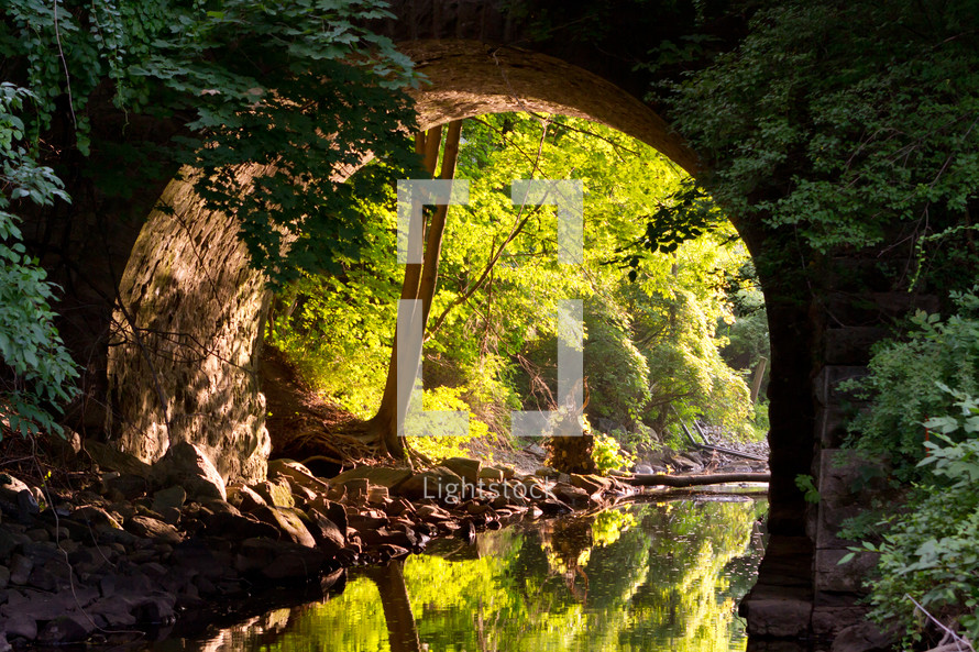A stone arch over a stream in a forest.