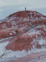a man standing at the top of a red rock peak 