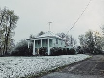 house with snow on the grass