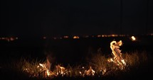 Grass fire in slow motion in field. Orange flames burning at night in cinematic slow motion.