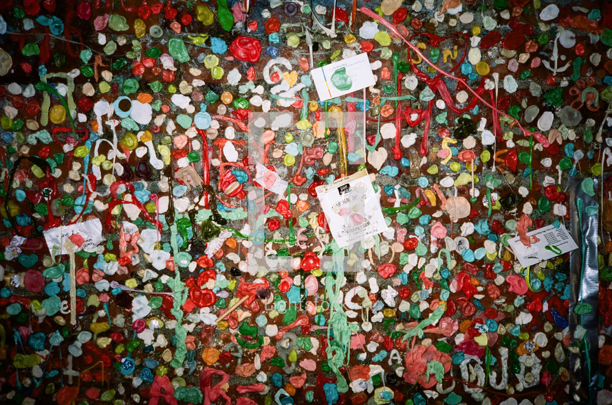 chewed bubble gum on a wall 