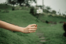 a woman holding out a flower 
