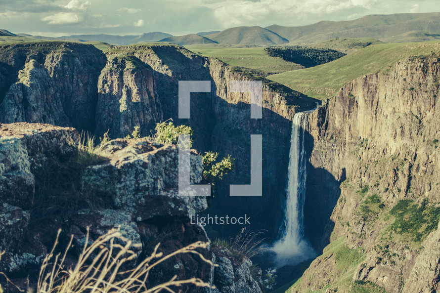 canyon, cliff, waterfall, outdoors, rock