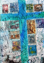 turquoise cross and canceled stamps: canceled penalty of sin for all nations